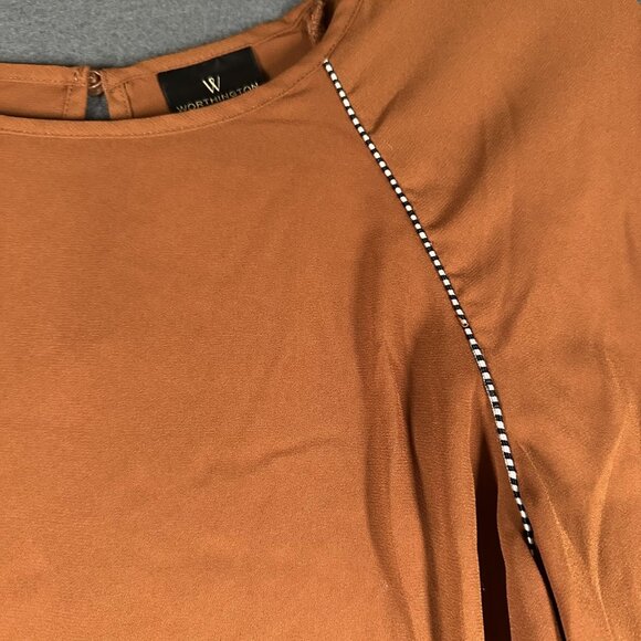Worthington Top Womens Small Brown Flowy Sleeve Blouse Polyester Extra Detail - Picture 3 of 10